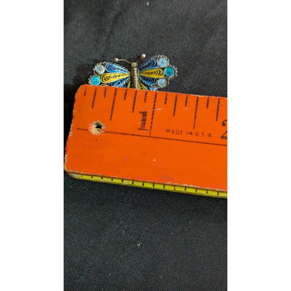 Vintage Enamel Filigree‎ Butterfly Brooch Pin Blue Yellow Silver Tone 1 Inch